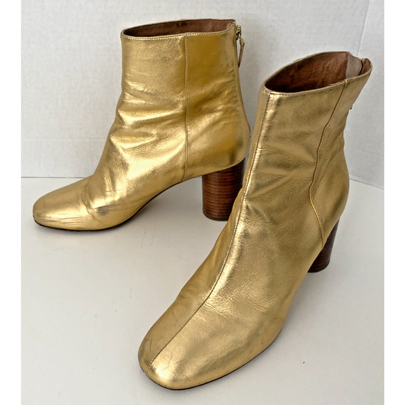 Sandro Sacha Ankle Boot Gold Leather Block Heel Round Toe Back Zip 40 9.5 - Picture 11 of 12